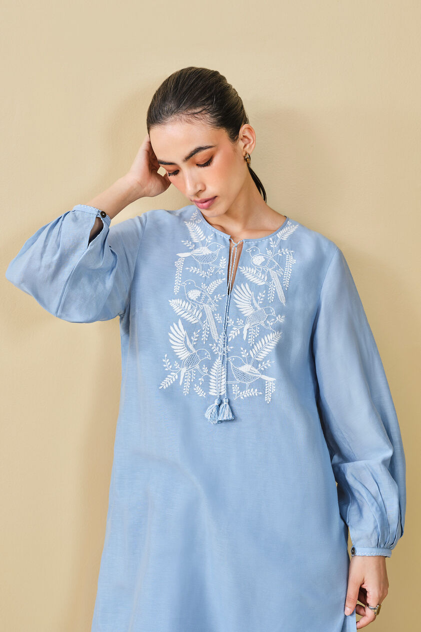 Cloud Sky Hand-embroidered Chikankari Linen Co-ord - Blue, Blue, image 11